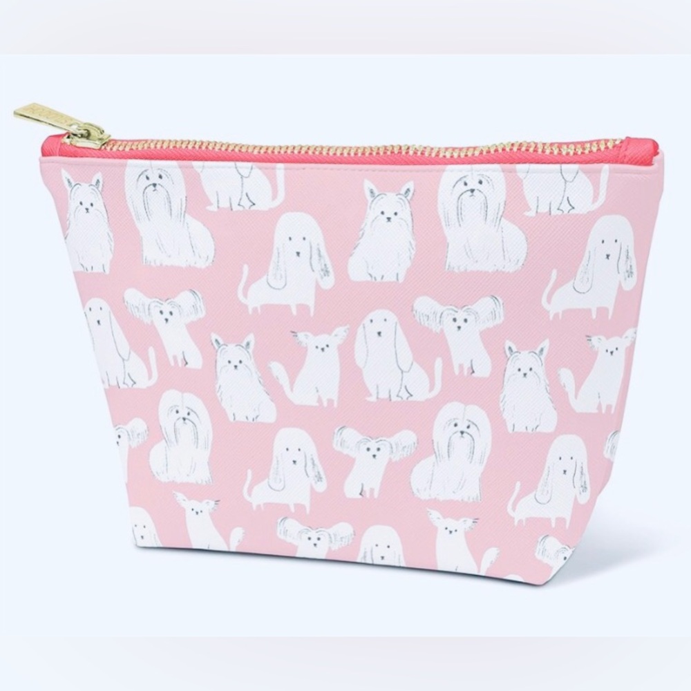 Poodle Puppies Puppers Print Zip Pouch Pink with White Print Super Cute Woof NWT
